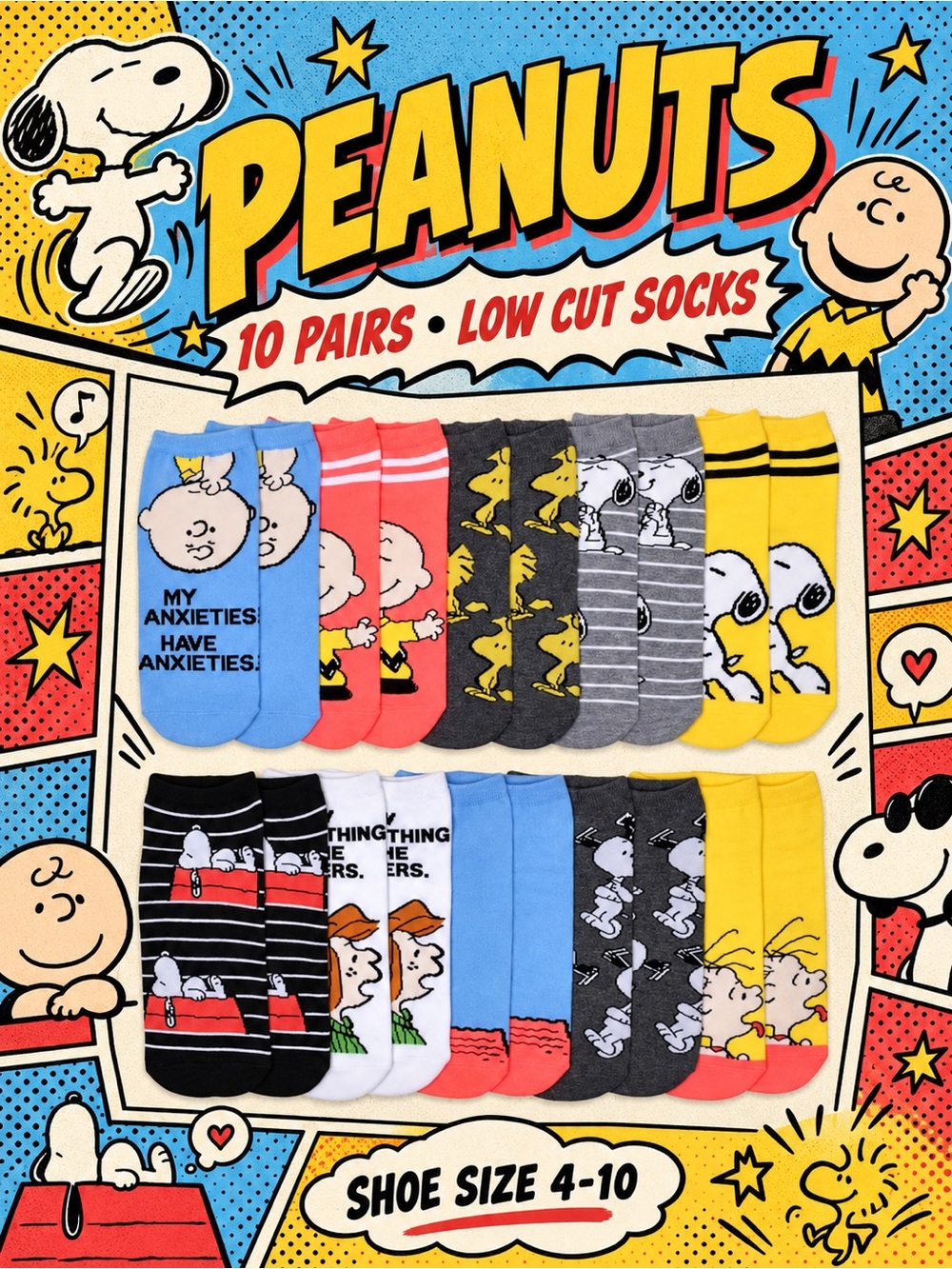 NWT Peanuts 10 Pairs Socks 4-10 Shoe Size